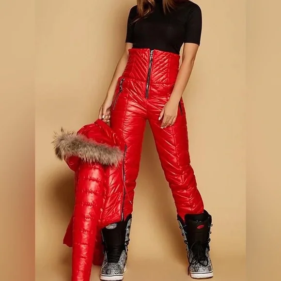 Chalet Puffer coordinate set snow ski jacket & high waisted pants pink red black - Picture 16 of 16